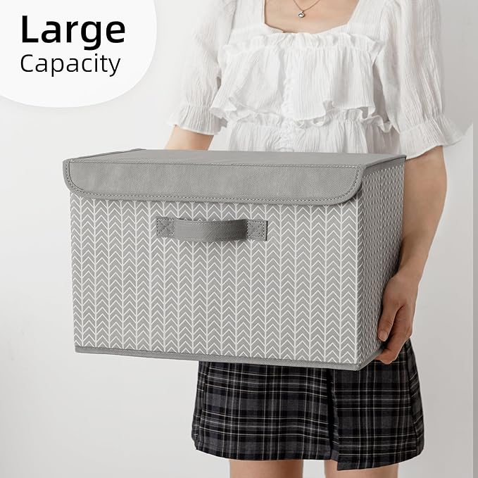 GRANNY SAYS Fabric Bins with Lids, Decorative Storage Containers with Lids, Stackable Storage Bins, Large Storage Boxes for Organizing Closet Shelves, Light Gray/White, 2-Pack-NeatNest