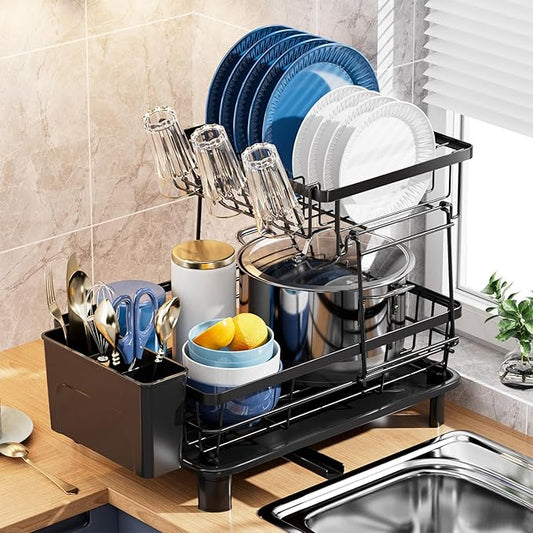 2-Tier Dish Drying Rack with Drainboard, Rustproof Stainless Steel Dish Rack for Kitchen Counter, Large Capacity Dish Drainer with Cup Holder, Utensil Holder, and Plate Organizer for Home Kitchens