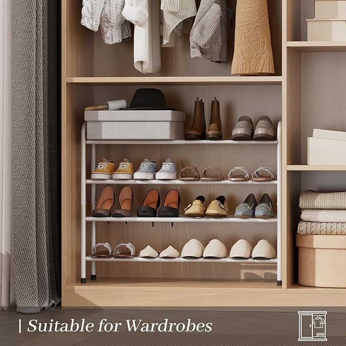Expandable Shoe Rack, Adjustable Shoes Organizer Metal, Space-Saving Storage Shelf for Closet, Entryway, Front Door & Hallway,Sturdy and Easy Assembly (White, 4-Tier)