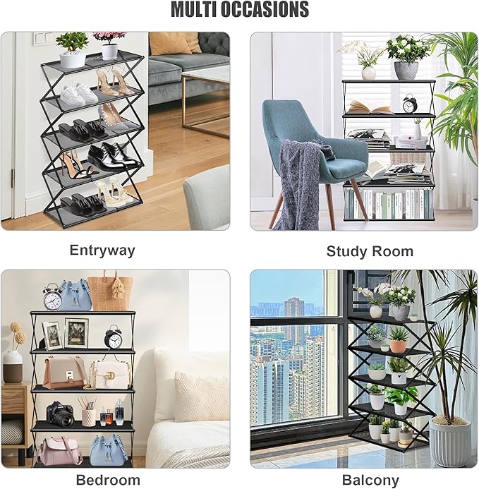 Shoe Rack for Entryway 5 Tier Foldable Shoe Rack Without Assembly Collapsible Metal Shoe Organizer Folding Shoe Storage Rack for Door, Living Room, Black-NeatNest