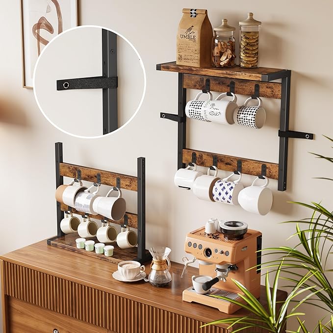 Homeiju 14-Hook Large Coffee Mug Holder for Countertop/Wall Mounted,4 Tier Coffee Cup Holder with Top & Bottom Storage Shelf,Adjustable Hook & Shelves,Mug Tree for Home Bar,Coffee Station-NeatNest