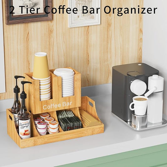 Coffee Station Organizer, Bamboo Coffee Bar Organizer for Countertop, Condiment and Cup Storage Organizer, Bar Accessories for Kitchen, Office, Home, Brown-NeatNest