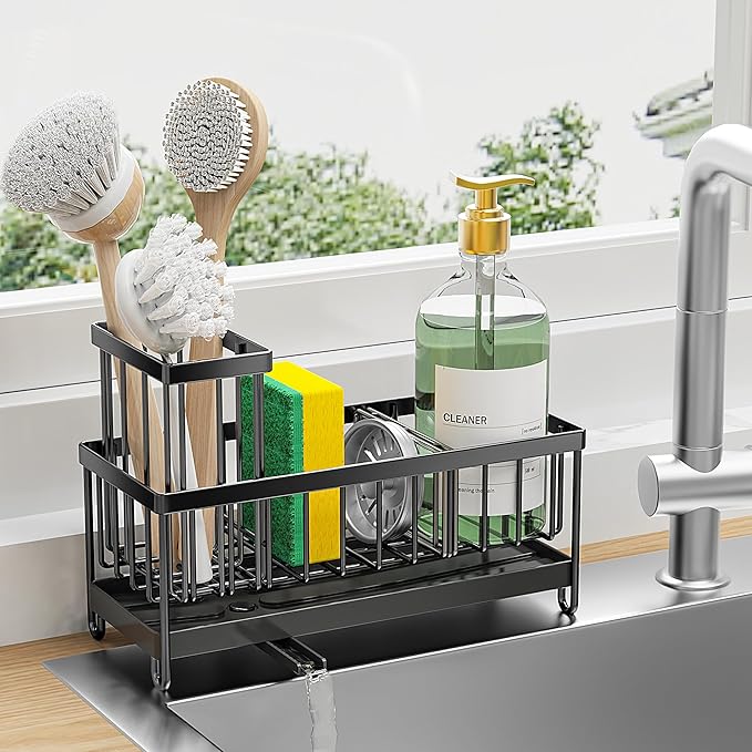 Cisily Black Sponge Holder for Kitchen Sink, Sink Caddy Organizer with High Brush Holder, Kitchen Countertop Organizers and Storage Essentials, Rustproof 304 Stainless Steel, Soap Dispenser Organize-NeatNest