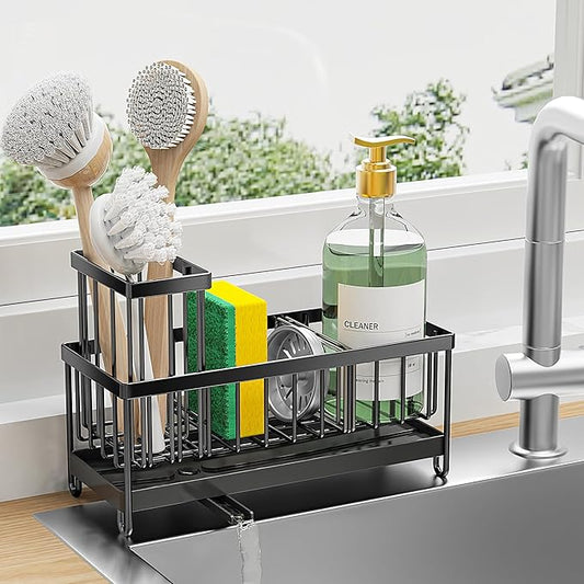 Cisily Black Sponge Holder for Kitchen Sink, Sink Caddy Organizer with High Brush Holder, Kitchen Countertop Organizers and Storage Essentials, Rustproof 304 Stainless Steel, Soap Dispenser Organize-NeatNest