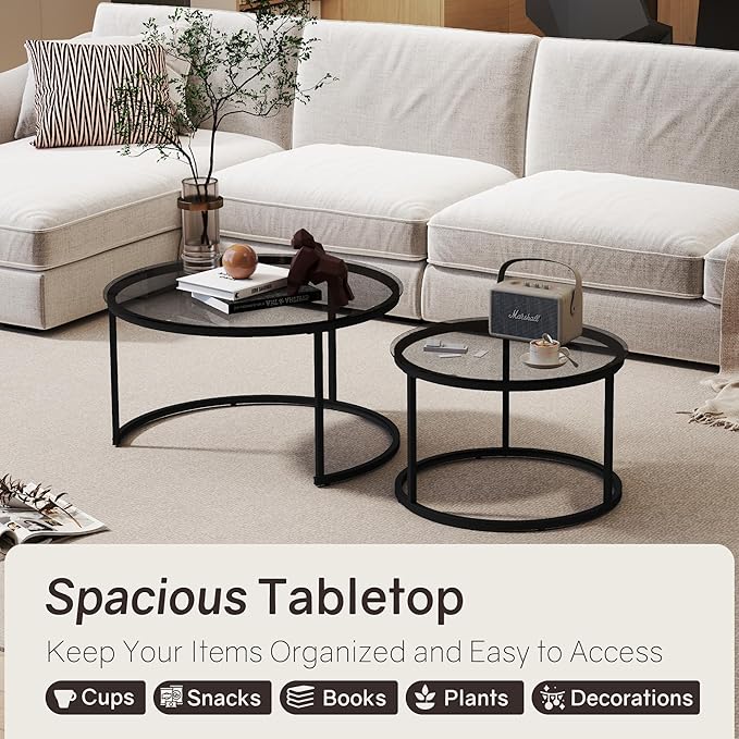 31.5" Nesting Coffee Table Set of 2, Round Nesting Coffee Tables with Tempered Glass Top, End Tables with Metal Frame for Living Room, Bedroom, Grey Transparent Glass