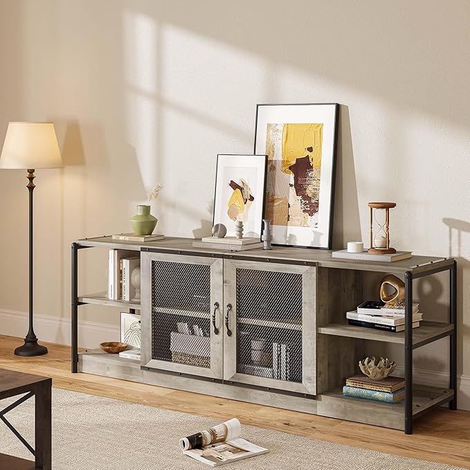 CABIHOME Farmhouse TV Stand for 75/80 inches TVs, Entertainment Center with Storage Cabinet and Mesh Doors, Industrial Media Console Cabinet Table, Living Room Media Furniture, Light Grey-NeatNest
