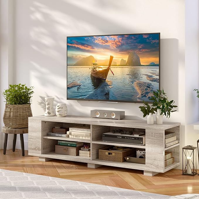 Giantex Modern TV Stand for TVs up to 65 Inch, Wood Entertainment Center w/ 8 Open Storage & Adjustable Shelves, Television Stands w/Cable Holes, TV Console Table for Living Room Bedroom (White Oak)-NeatNest
