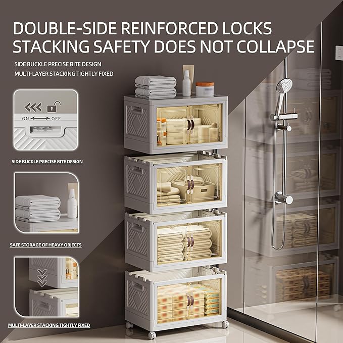 268 QT / 67 Gal White Storage Bins with 1 Lid - Collapsible Stackable Cabinet Organizer w/Wheels & Magnetic Doors, Plastic Storage Box for Office Closet Organization-NeatNest