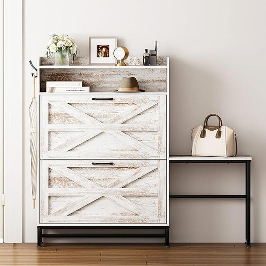 Vibe & Dine Shoe Cabinet with 2 Flip Drawers and Shoe Bench, Farmhouse Shoe Storage Cabinet for Entryway, Freestanding Slim Shoe Organizer Cabinet, Narrow Shoe Rack Cabinet with Metal Legs, White-NeatNest