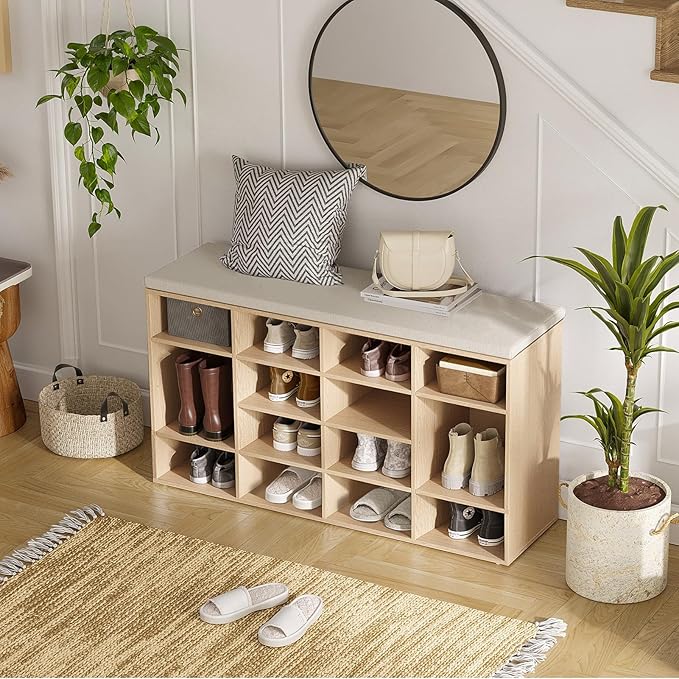 DINZI LVJ Shoe Storage Bench with Cushion, 16-Cubby Shoe Rack, Adjustable Shelves, 40.9" Long Shoe Organizer Bench for Entryway, Mudroom, Hallway, Garage, Natural and Cappuccino Beige-NeatNest