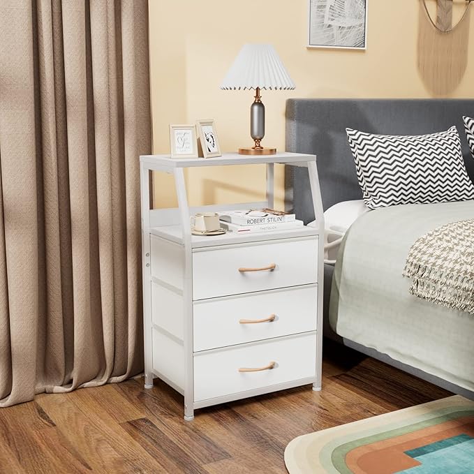 Furnulem White Nightstand with 3 Drawers and 2-Tier Shelf, Small Night Stand End Table Side Furniture, Fabric Storage Organizer for Bedroom, Closet, Hallway, Nursery, Sturdy Steel Frame, Wood Top-NeatNest