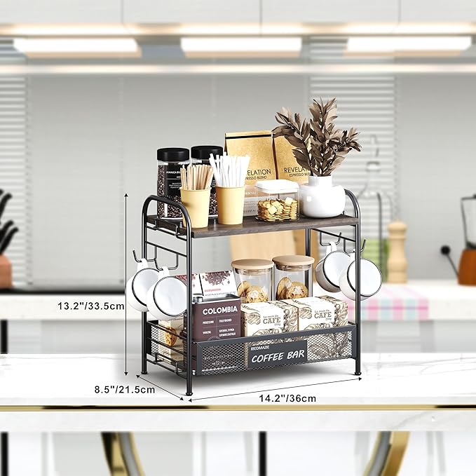 Coffee Bar Organizer for Countertop Station, Simple Assembly 2 Tier Shelf for Home,Office, Coffee Cup Holder Storage Organization for Counter Accessory Storage Rack with 4 Hooks Space-Saving-NeatNest