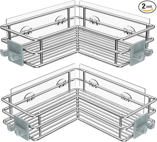 Nieifi Corner Shower Shelves Stainless Steel, Adhesive Shower Caddy Basket Rack with Hooks, Rust Proof for Bathroom Shelf Shampoo Holder (Silver, 2 Pack)