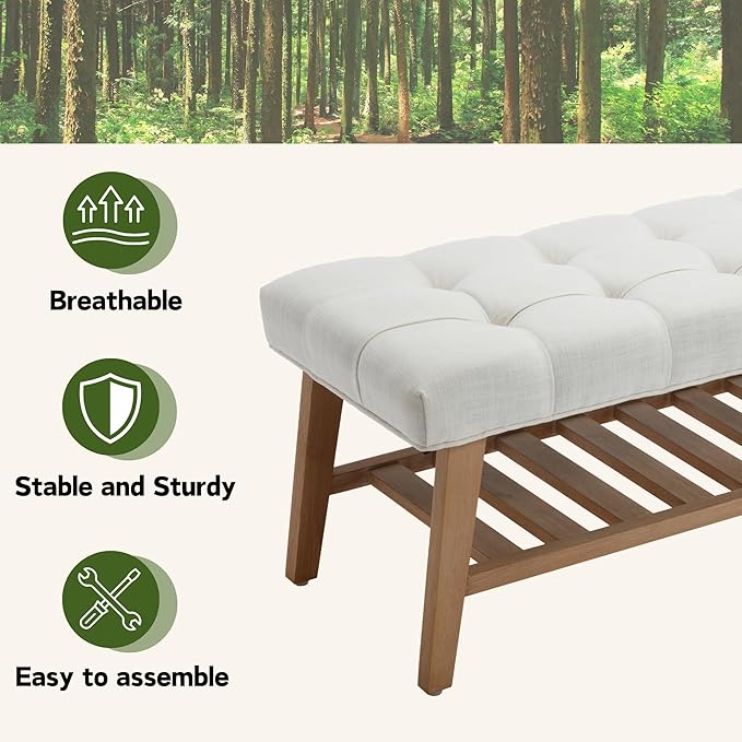 Entryway Shoe Bench Storage Benches with Upholstered Button Tufted Seat and Open Slatted Shelf Linen Shoe Rack for Hallway Living Room Bedroom End of Bed, Beige-NeatNest