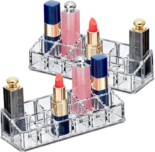 Amazing Abby - Glamour - 2-Pack 12-Slot Acrylic Lipstick Organizer, Lipstick Holder, Lip Gloss Holder, Cosmetic Storage Display, Perfect Storage Solution for Drawer and Vanity (Slot Size: 0.9" x 0.9")-NeatNest