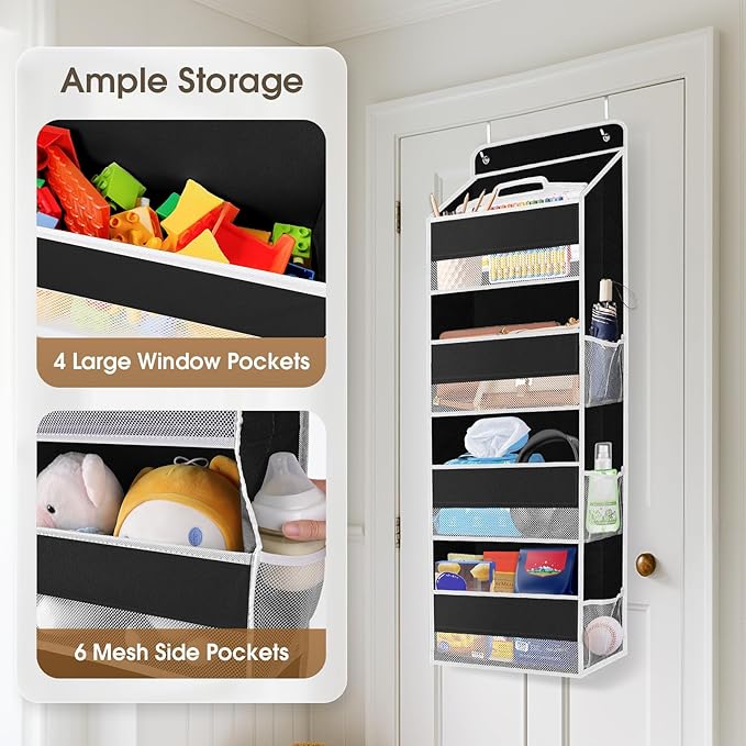 1 Pack Over The Door Organizer, Hanging Storage Organizer with Clear Window, 40lb Ultra Sturdy Large Capacity Room Organizer for Pantry Laundry Bathroom Nursery Closet (Black)-NeatNest