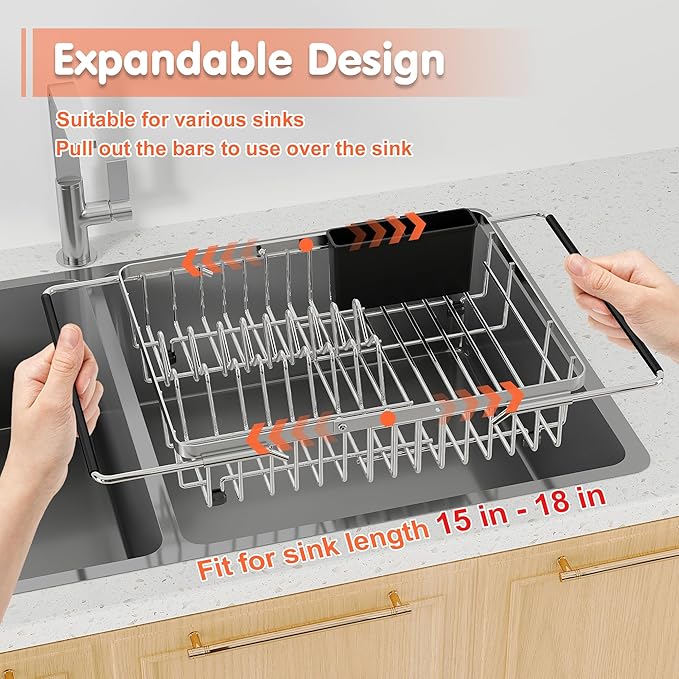 romision Dish Drying Rack in Sink, Expandable (13.1"-16.6" D) Stainless Steel Dish Drainers for Kitchen Sink, Retractable Over Sink Dish Rack Drying Rack with Utensil Holder, Silver