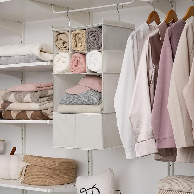 GRANNY SAYS Hanging Closet Organizer with Drawers, 4 Shelf Dividers Closet Hanging Organizer, Foldable Hanging Shelves for Clothes Organizer, Small Closet Organizers and Storage, Beige-NeatNest