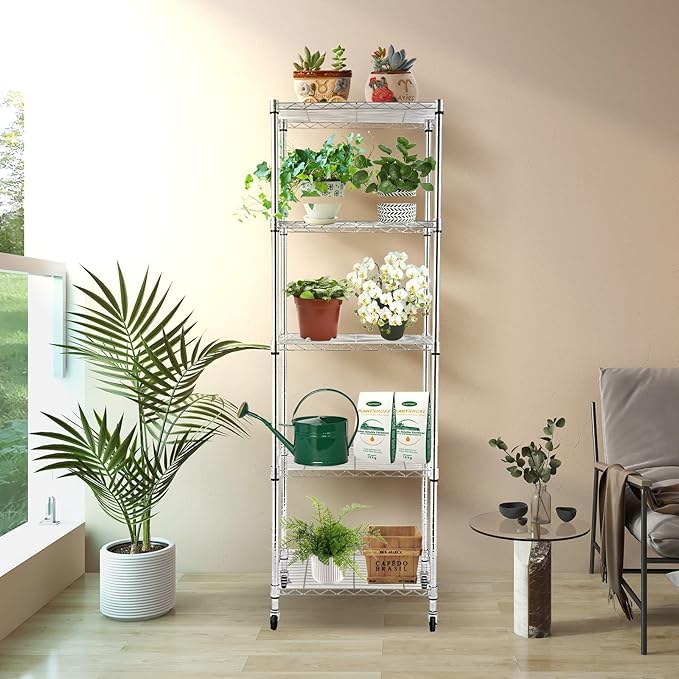 BNSPLY 5 Tier Narrow Wire Shelving Unit with Wheels, Height Adjustable Wire Shelves with NSF Certified, Mobile Metal Storage Rack for Kitchen, Laundry, Bathroom (17.7" D x 23.6" W x 71" H, Chrome)-NeatNest