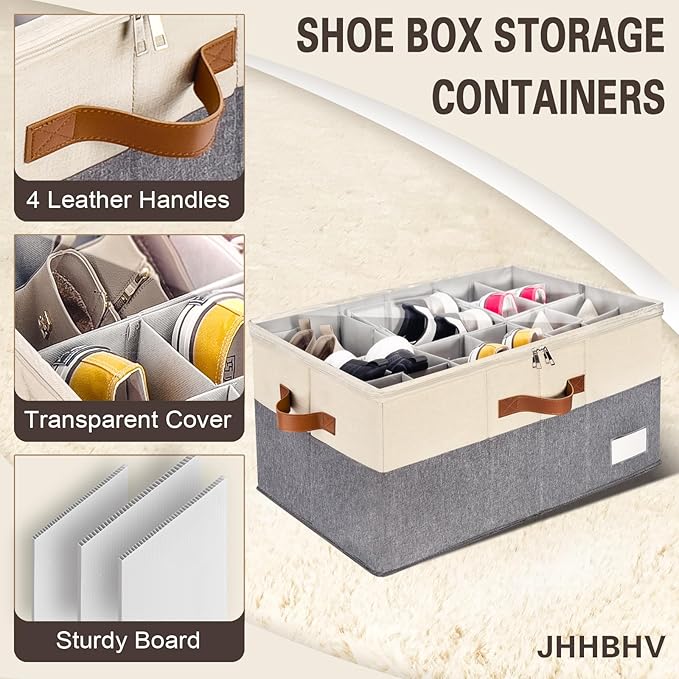 2 Pack Shoe Organizer for Closet, Adjustable Shoe Box Storage Containers, Large Foldable Shoe Bins with Clear Cover, Space Saving Shoes Holder with 4 Handles, Fits 24-48 Pairs, Beige-NeatNest