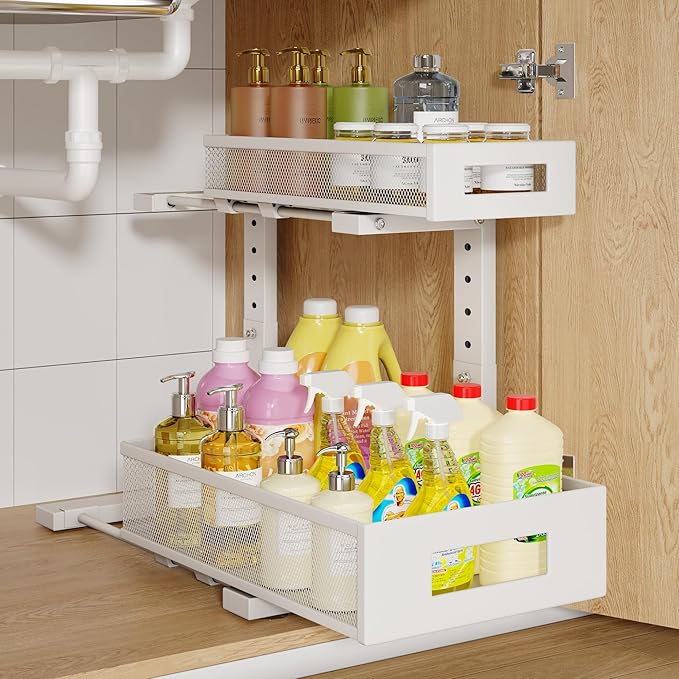 1 Pack-11.4"-16.14"H Under Sink Storage Organizer, Large 2-Tier Elegant Mesh Pull Out Shelf for Kitchen and Bathroom Cabinet Organization, L-Shaped and Adjustable Height Design for Maximum Space-White-NeatNest