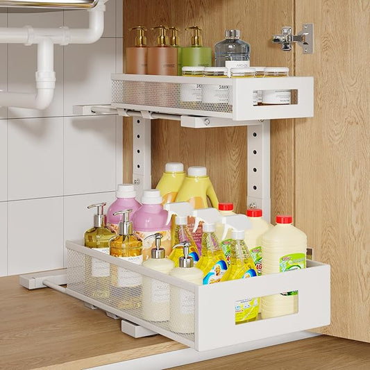 1 Pack-11.4"-16.14"H Under Sink Storage Organizer, Large 2-Tier Elegant Mesh Pull Out Shelf for Kitchen and Bathroom Cabinet Organization, L-Shaped and Adjustable Height Design for Maximum Space-White-NeatNest