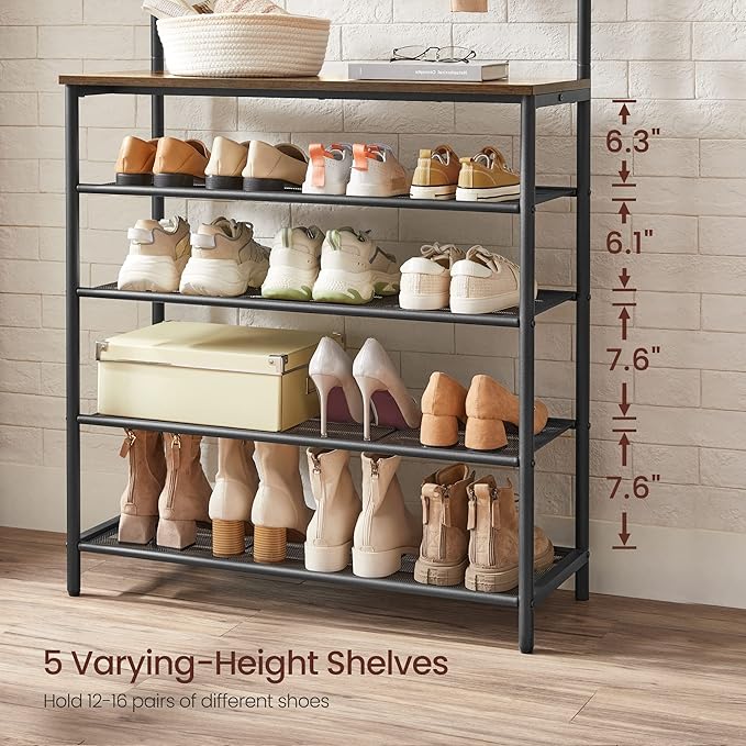 VASAGLE Hall Tree with Shoe Bench, Coat Rack Shoe Bench, 5-Tier Shoe Rack Different Heights, 5 Dual Hooks, Top Shelf, Entryway Organizer, Hallway Bedroom Dorm, Rustic Brown and Black UHSR408B01-NeatNest