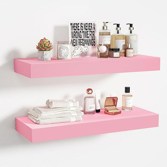 BAMEOS Pink Floating Shelves for Wall, 16" x 6" Wall Shelves for Room, Floating Book Shelves, Hanging Shelves for Bedroom, Bedroom, Living Room, Kitchen (Set of 2)-NeatNest