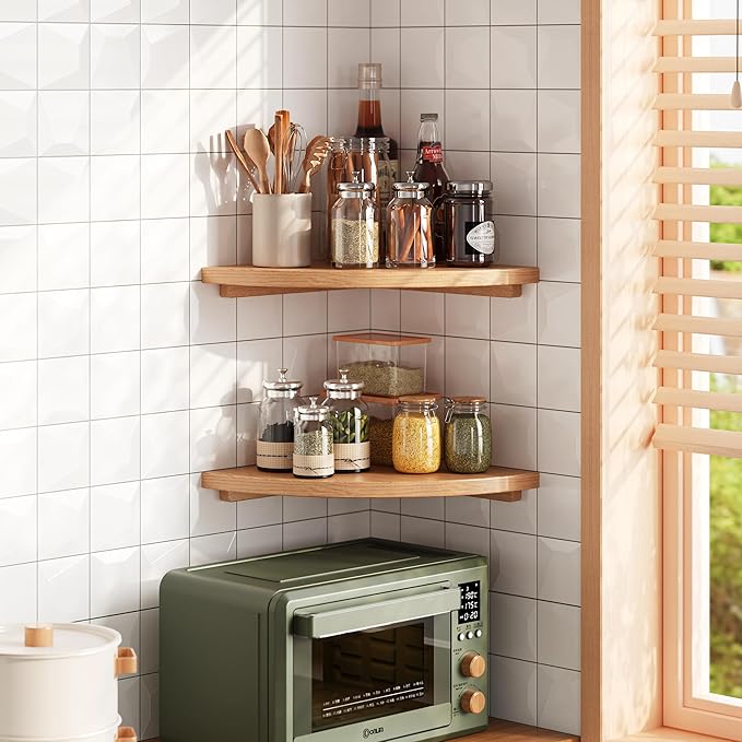 Floating Corner Shelves Oak 8", Solid Oak Wall Mounted Wooden Display Storage Rack with Wire Hole for Plants, Photos, Speakers, Bedroom, Kitchen, Living Room Décor - 2-Pack-NeatNest