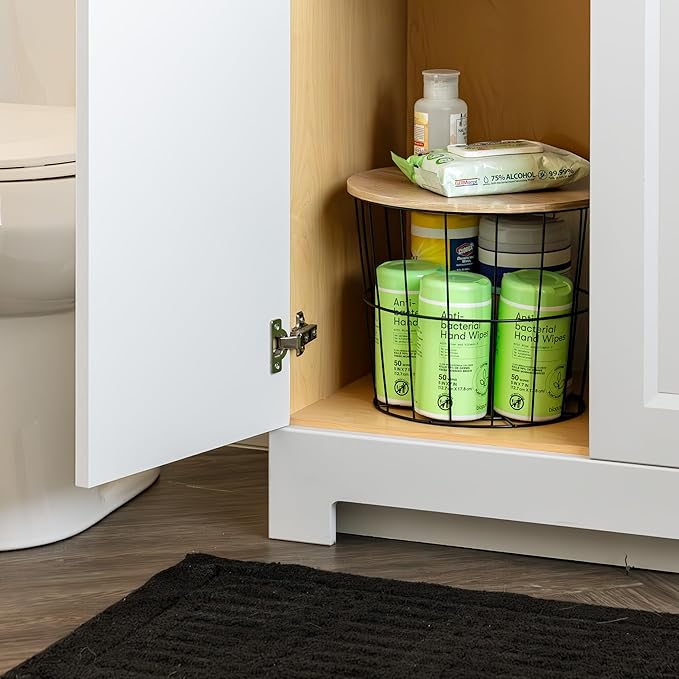 IRIS USA Round Wire Basket with Wooden Lid, 2 Pack, Potato Onion Vegetable Storage, Nestable Storage Bins, Water Resistant Surface, Living Room Bathroom Kitchen, Durable Easy Assembly Space Saving
