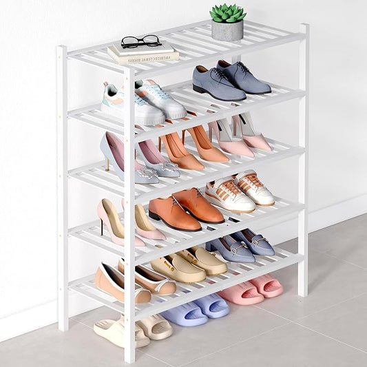 Smiry Bamboo Shoe Rack for Closet, 5 Tier Wooden Stackable Shoe Organizer, Free Standing Shoes Storage Shelf for Entryway, Front Door Entrance, White-NeatNest