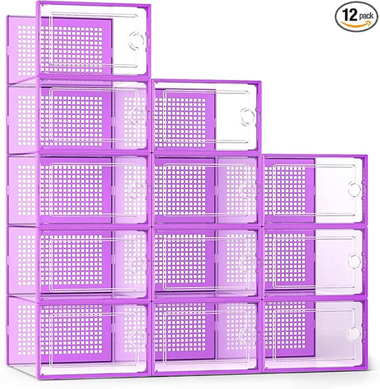 Kuject X-Large Shoe Storage Boxes Organizers Clear Plastic Stackable 12 Pack, Shoe Rack & Holder Substitute, Sneaker Containers, Toy Storage Organizer Bins for Entryway, Closet, Under Bed, Purple-NeatNest