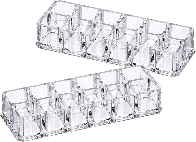 Amazing Abby - Charm - 2-Pack 12-Slot Acrylic Lipstick Organizer, Lipstick Holder, Lip Gloss Holder, Cosmetic Storage Display, Perfect Storage Solution for Drawer and Vanity (Slot Size: 0.9" x 0.9")-NeatNest