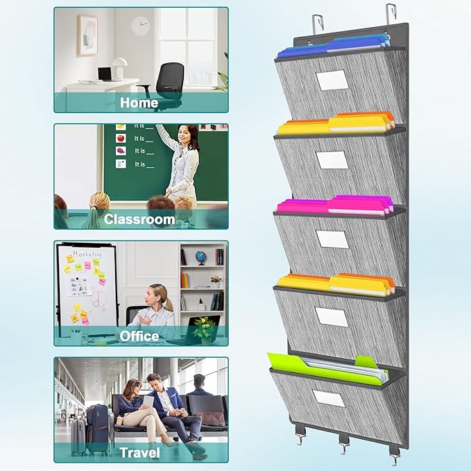 homyfort Over the Door File Organizer, Hanging File Folders, Wall Organizers and Storage for Mail, Magazine, Notebooks, Planners, Office, Classroom, 5 Extra Large Pockets, 50.39” Tall (Grey)-NeatNest