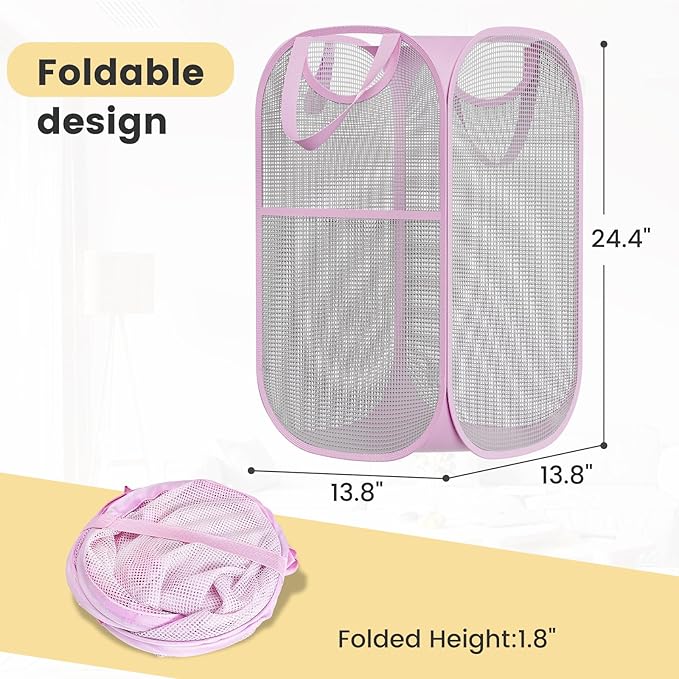 2 Pack Strong Mesh Pop-up Laundry Hamper, Quality Pop Up Hampers for Laundry with Durable Handles Solid Bottom High Carbon Steel Frame, Easy to Open and Fold Flat for Storage(Light Pink)-NeatNest