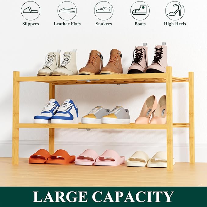Smiry Shoe Rack, 2 Tier Thick Bamboo Shoe Organizer, Stackable Free Standing Wooden Shoe Storage Shelf for Closet, Entryway, Front Door Entrance, Natural-NeatNest