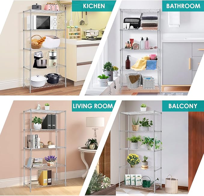 BNSPLY 5 Tier Wire Shelving Unit, Height Adjustable Wire Shelves, Metal Storage Rack Organizer for Laundry, Kitchen, Bathroom, Pantry, Closet (13.5" D x 29" W x 59" H, Chrome)-NeatNest