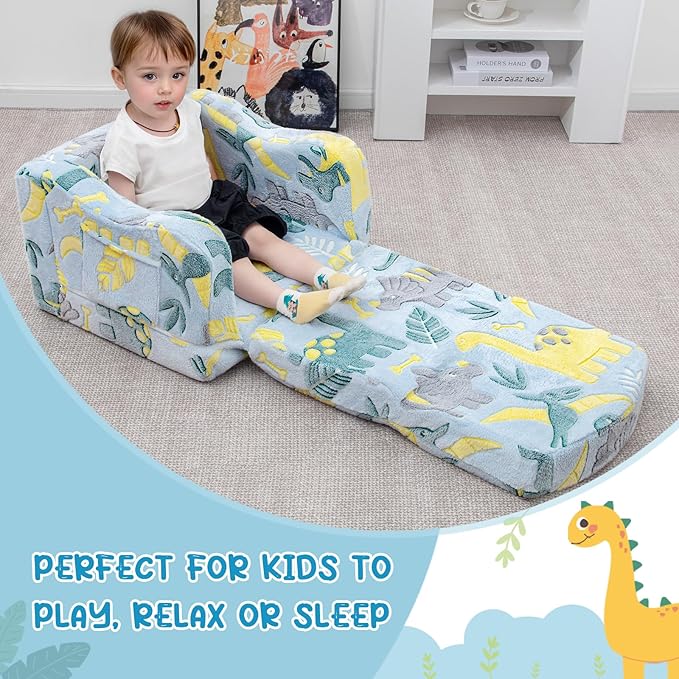 Comfy Toddler Chair and Couch for Kids with Blanket,2-in-1 Soft Plush Fold Out Toddler Couch for Girls and Boys,Convertible Sofa to Lounger for Playroom,Glowing Dinosaur-NeatNest