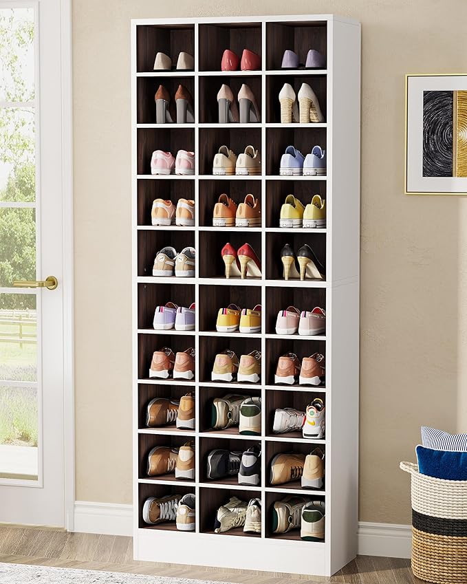 Tribesigns 10-Tier Shoe Storage Cabinet, White and Brown Wooden Shoe Rack with 30 Cubbies, Freestanding Tall Entryway Shoe Organizer for Closet, Entryway, Living Room-NeatNest