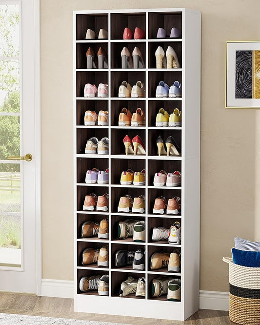 Tribesigns 10-Tier Shoe Storage Cabinet, White and Brown Wooden Shoe Rack with 30 Cubbies, Freestanding Tall Entryway Shoe Organizer for Closet, Entryway, Living Room-NeatNest