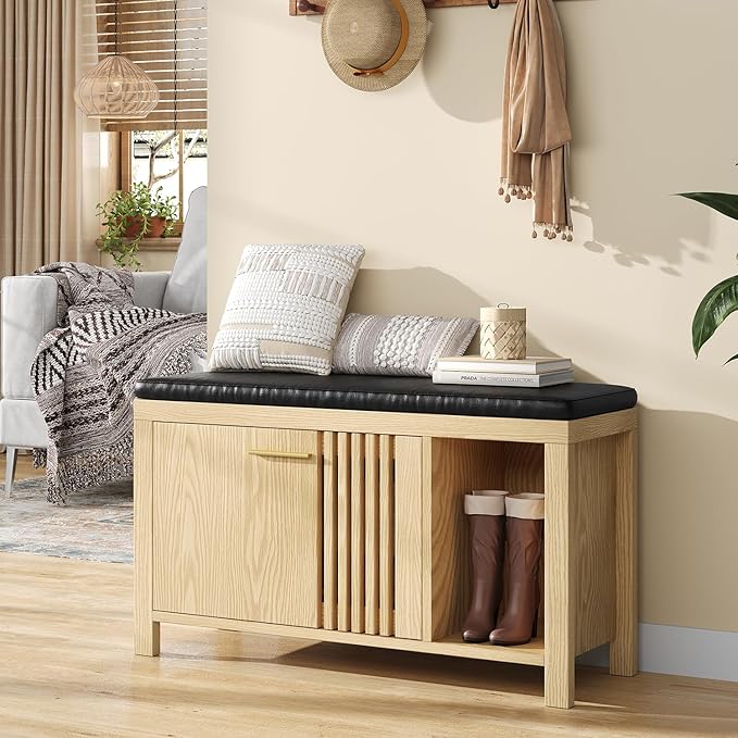 40" Shoe Storage Bench with Flip Drawers & Padded Seat Cushion, Adjustable Shelf, Slatted Doors Entryway Bench Shoe Cabinet with Bench for Entryway Living Room Bedroom, Natural