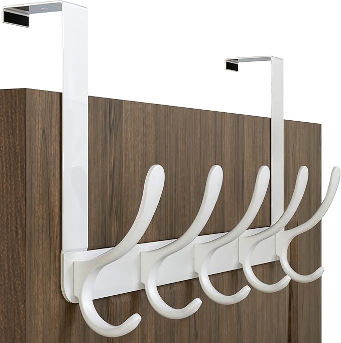 WEBI Over The Door Hook 5 Coat Hooks,Over The Door Towel Rack,Door Hanger Coat Rack Towel Hanger for Hanging Coats,Clothes,Back of Bathroom,White