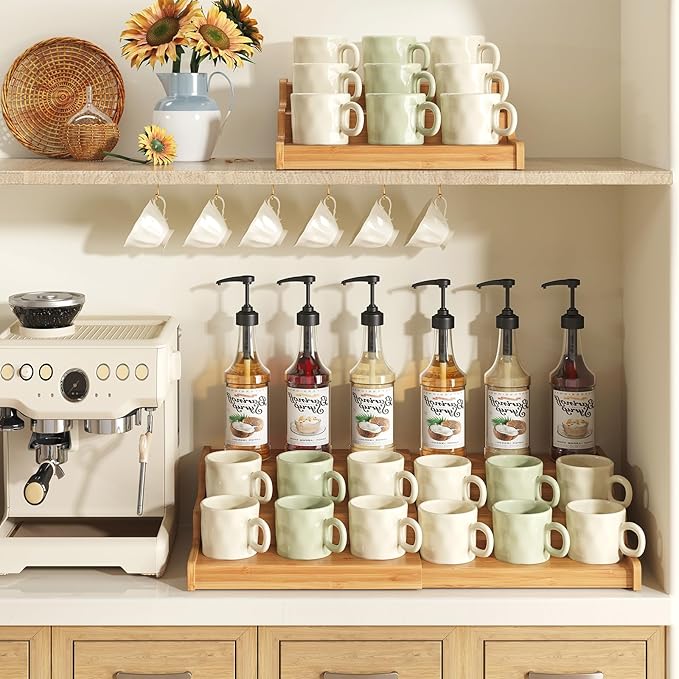3-Tier Expandable Bamboo Mug Holder For Countertop Coffee Cup Holder Display Mug Organizer Mug Rack for Coffee Bar Organizer Mug Shelf for Cabinet for Kitchen, Home-NeatNest