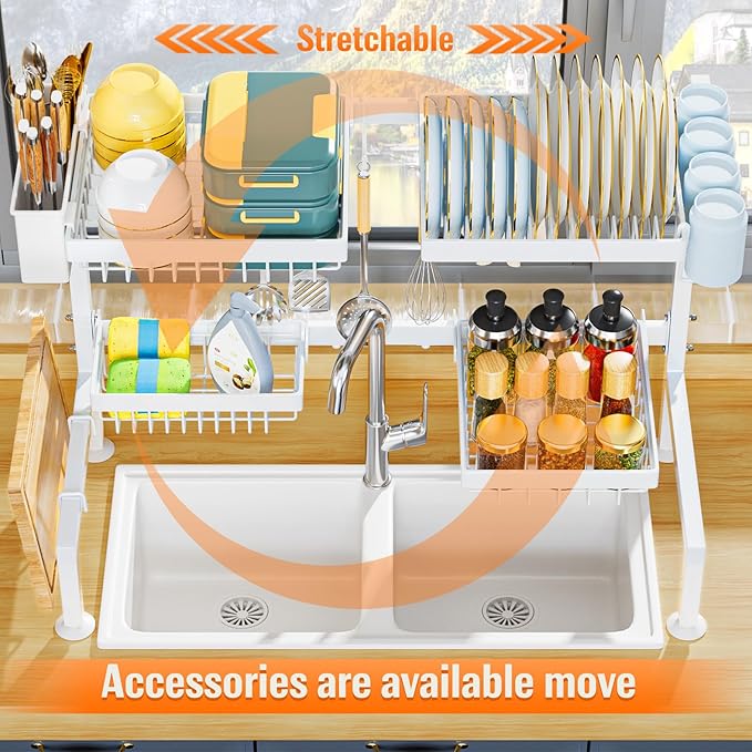 YKLSLH Over Sink Dish Drying Rack, Expandable Large Drying Rack, Suitable for Most Sinks (24.8"-35.4"), Adjustable Metal Rack, Space Saving, White