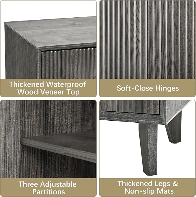 Fluted Cabinet with Storage, Buffet Sideborad with 4 Doors Kitchen Buffet Storage Accent Cabinet with Adjustable Shelves for Living Room, Entry, Hallway, Black&Grey