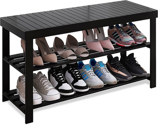 SMIBUY Bamboo Shoe Rack Bench, 3-Tier Shoe Organizer Storage Shelf for Entryway Hallway Bathroom Living Room (Black)-NeatNest