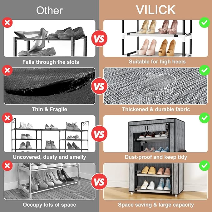 Shoe Rack with Cover Narrow Shoe Rack Organizer with 4 Side Pockets 10 Tier Tall Shoe Storage Shoe Shelf Holds 18-22 Pairs Shoes and Boots Shoe Rack for Closet, Printing-NeatNest