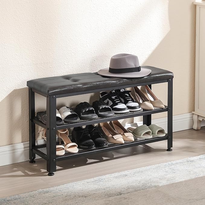 Apicizon 35.5" Shoe Rack Bench, 3-Tier Entryway Bench, with Leather Seat and Metal Frame, Loads 300 lb, Suitable for Living Room, Hallway, Mudroom, Doorway, Black-NeatNest