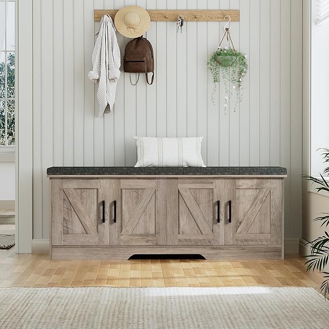 2-Tier Storage Bench, Shoe Bench with Padded Seat Cushion, Entryway Bench with 4 Barn Doors, Adjustable Shelf, 13.8" D x 47.2" W x 17.7" H, for Entryway, Living Room, Bedroom, Greige-NeatNest