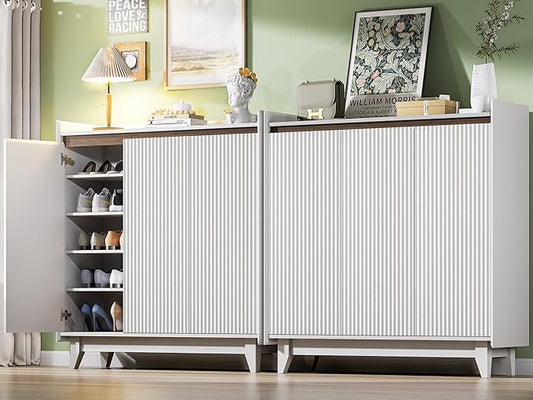 Wave Shoe Shortage Cabinet with 3 Doors 2PC, 6-Tier Freestanding Shoe Storage Cabinet with Adjustable Shelves, White &Walnut Fluted Door Shoe Organizer, 43.7’’ H Tall Shoe Rack for Entryway, Hallway.-NeatNest